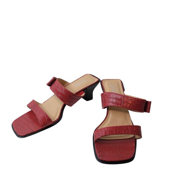 Red Croc Embossed Square Toe Block Heel Sandals Womens Size 8M By Bass - Picture 1 of 5